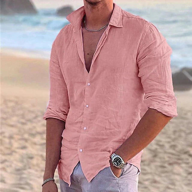 Men's open collar button down shirt with rolled sleeves