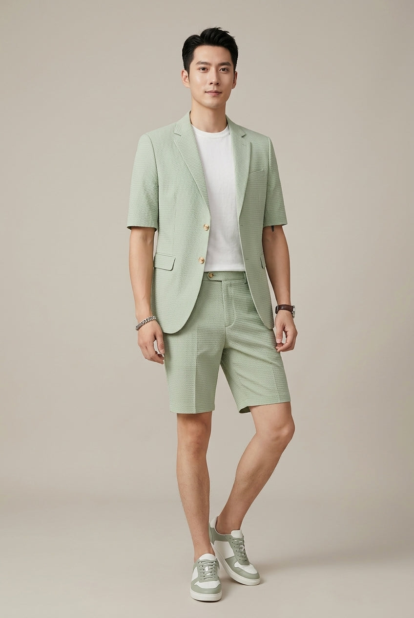 Men's short sleeve lapel blazer and matching shorts suit set