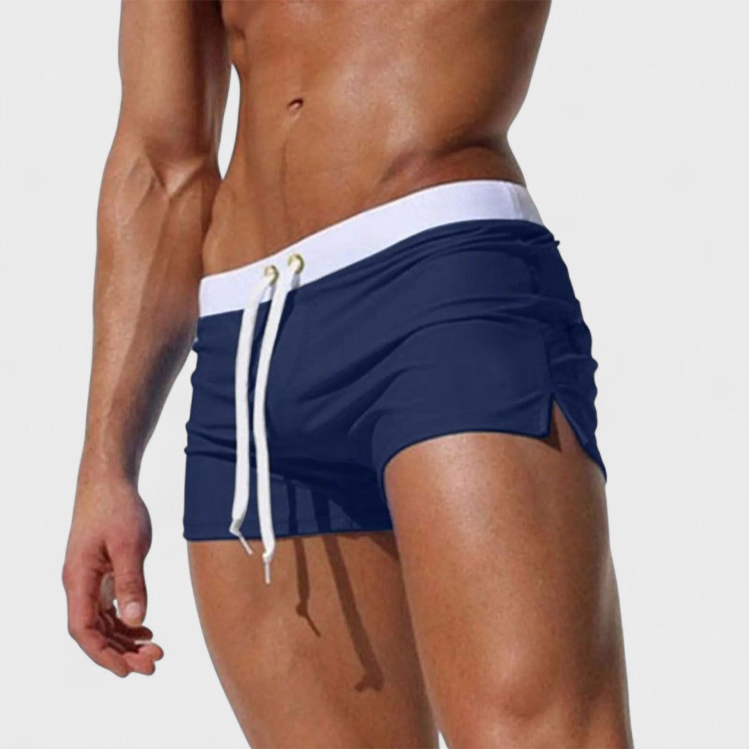 Men's short swim shorts with drawstring waist and side slits