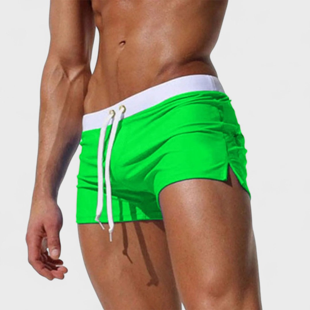 Men's short swim shorts with drawstring waist and side slits