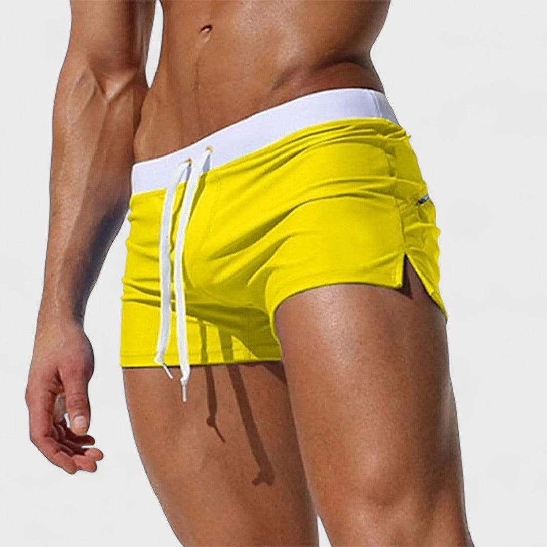 Men's short swim shorts with drawstring waist and side slits