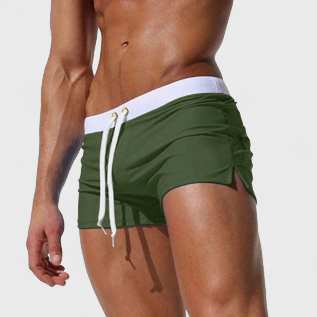 Men's short swim shorts with drawstring waist and side slits