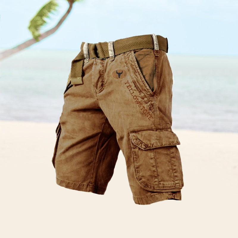 Men's cargo shorts with utility pockets, belt loops and knee length