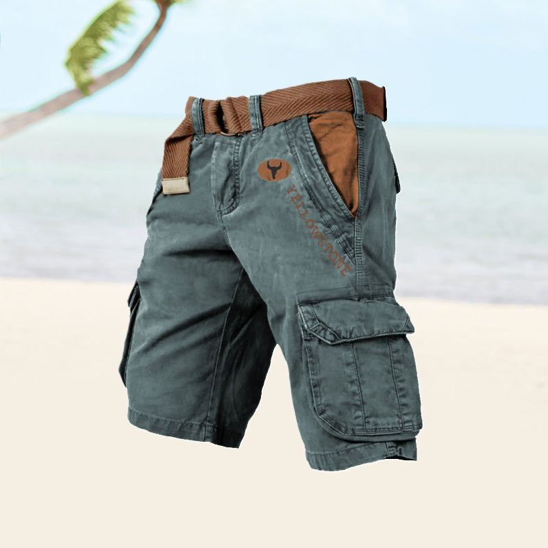 Men's cargo shorts with utility pockets, belt loops and knee length