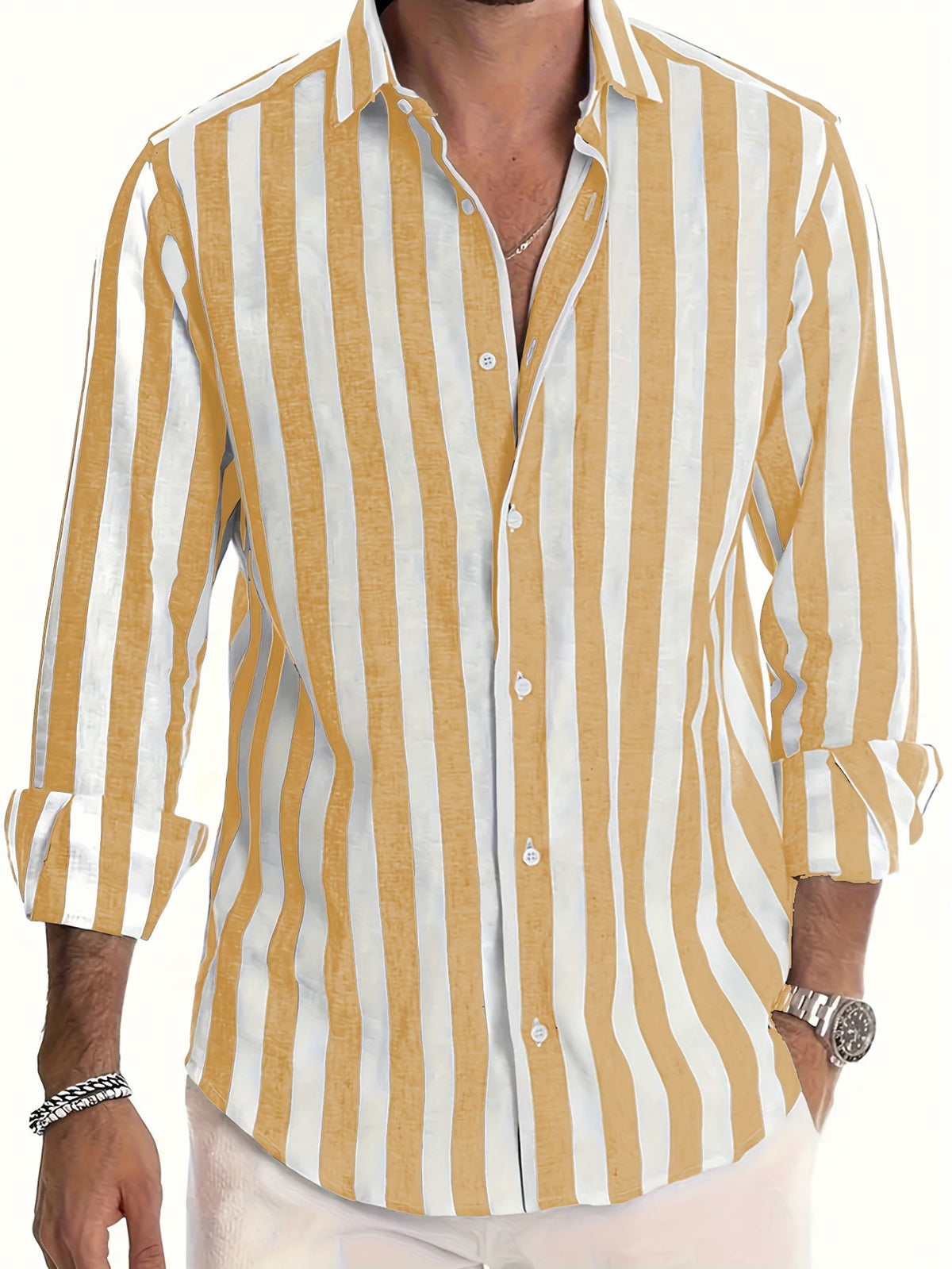 Men's striped collared shirt with long sleeves and button front