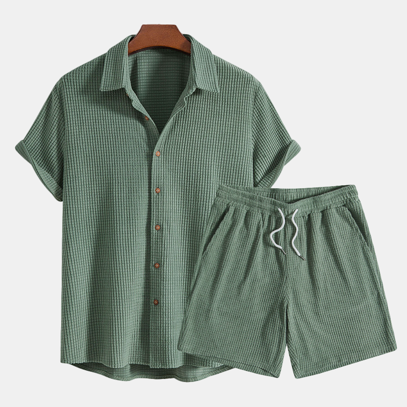 Waffle knit short-sleeve shirt and shorts set