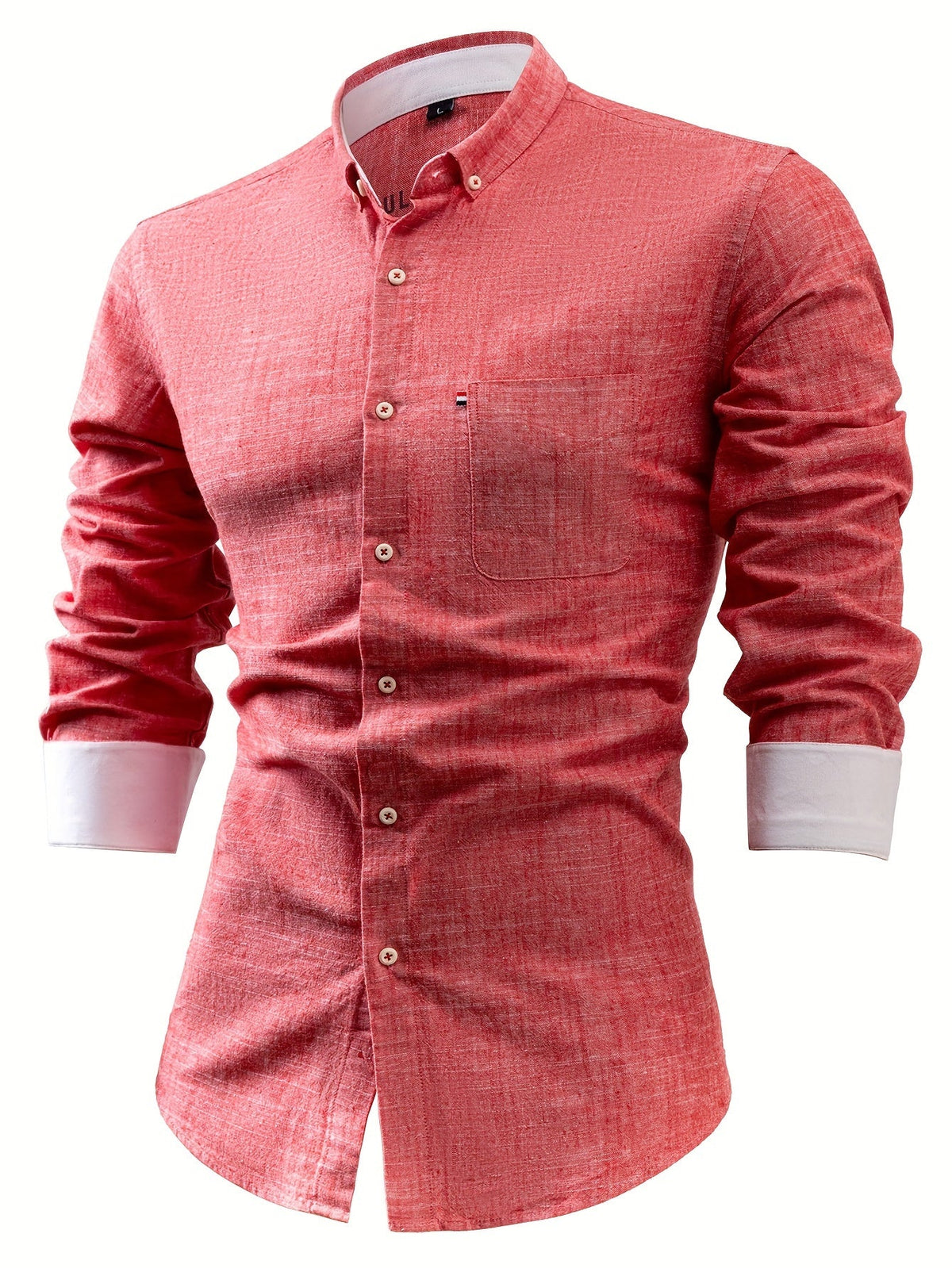 Men's long-sleeve pocket shirt with button-down collar and curved hem