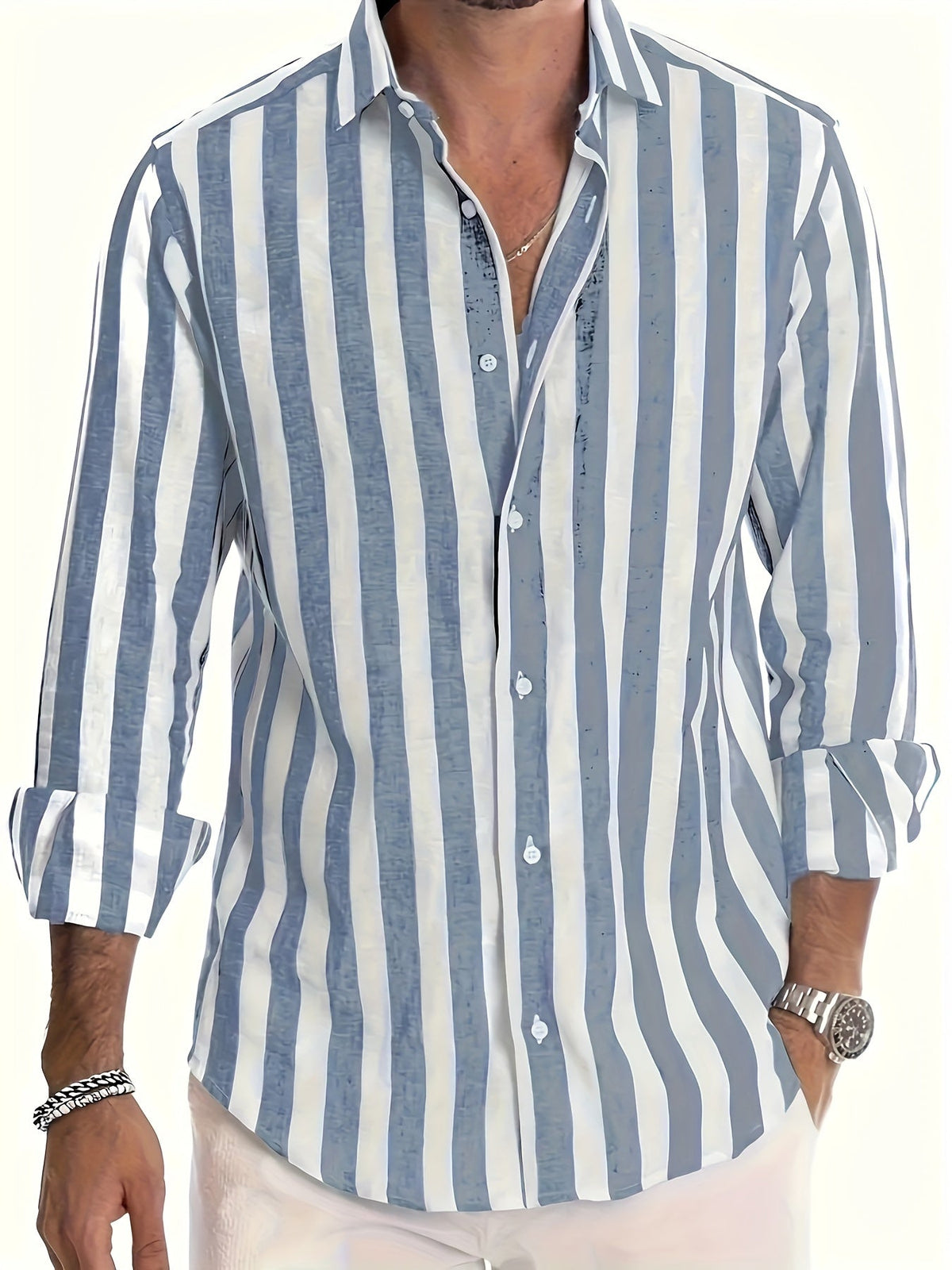 Men's striped collared shirt with long sleeves and button front
