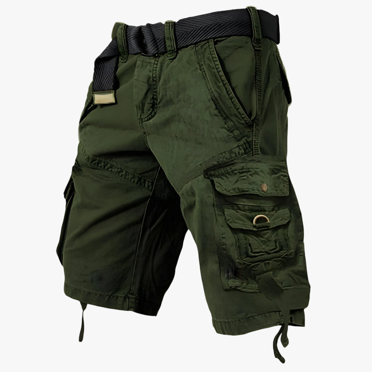 Men's long cargo shorts with belt and multiple utility pockets