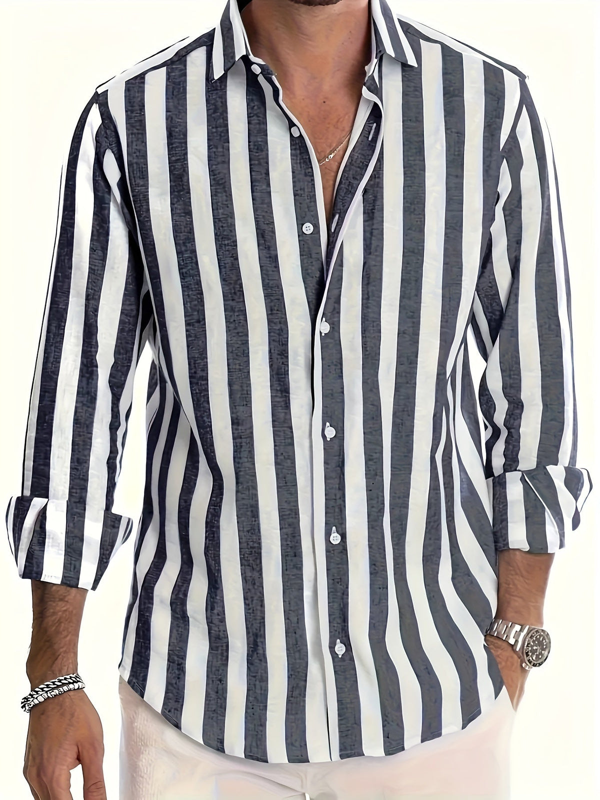 Men's striped collared shirt with long sleeves and button front