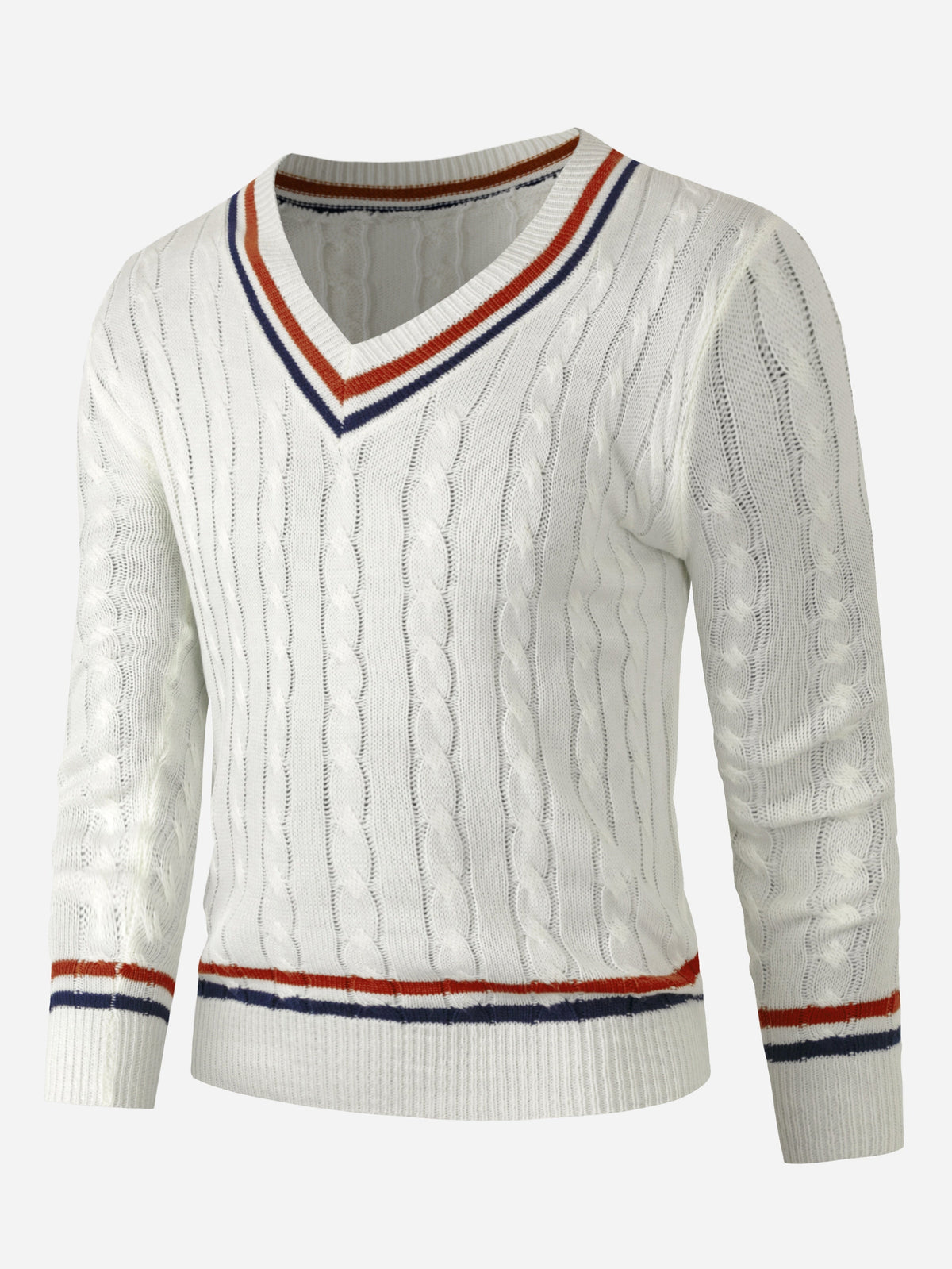 Men's cable knit V-neck sweater with striped trim