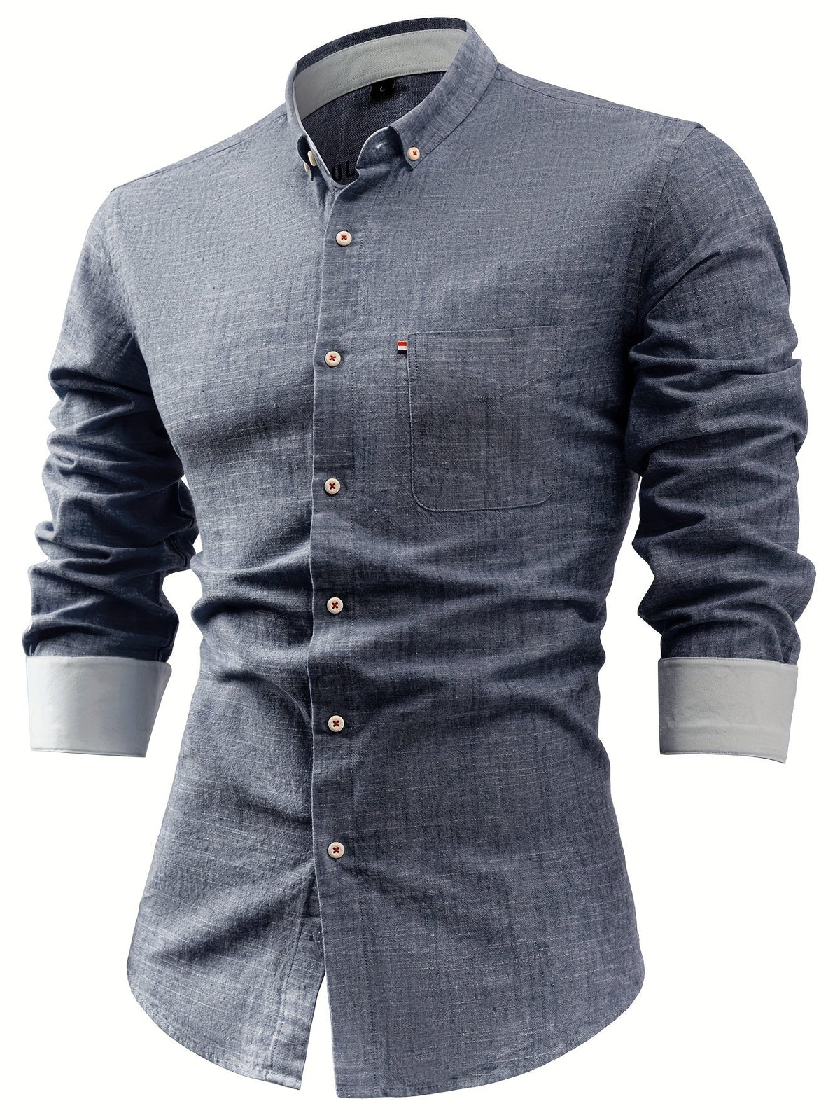 Men's long-sleeve pocket shirt with button-down collar and curved hem