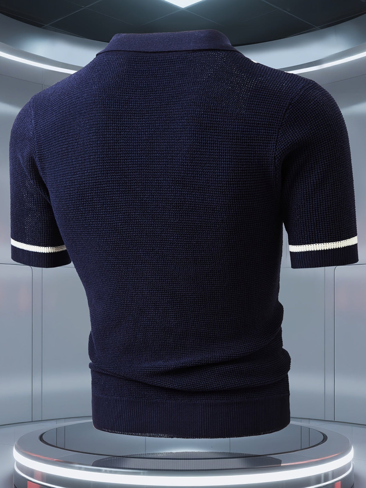 Men's striped knit polo shirt with pointed collar and short sleeves