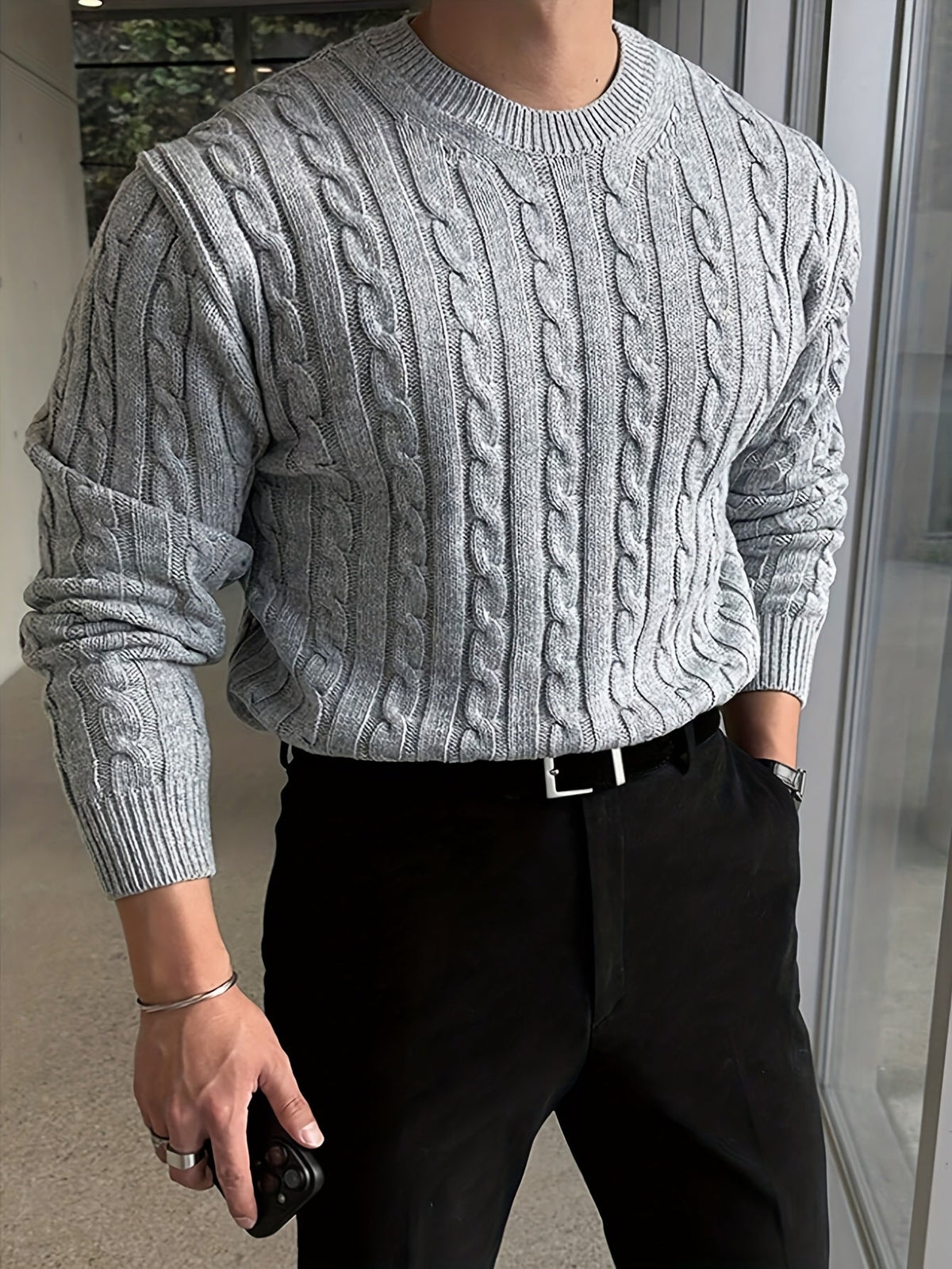 Men's cable knit crew neck sweater with ribbed trim