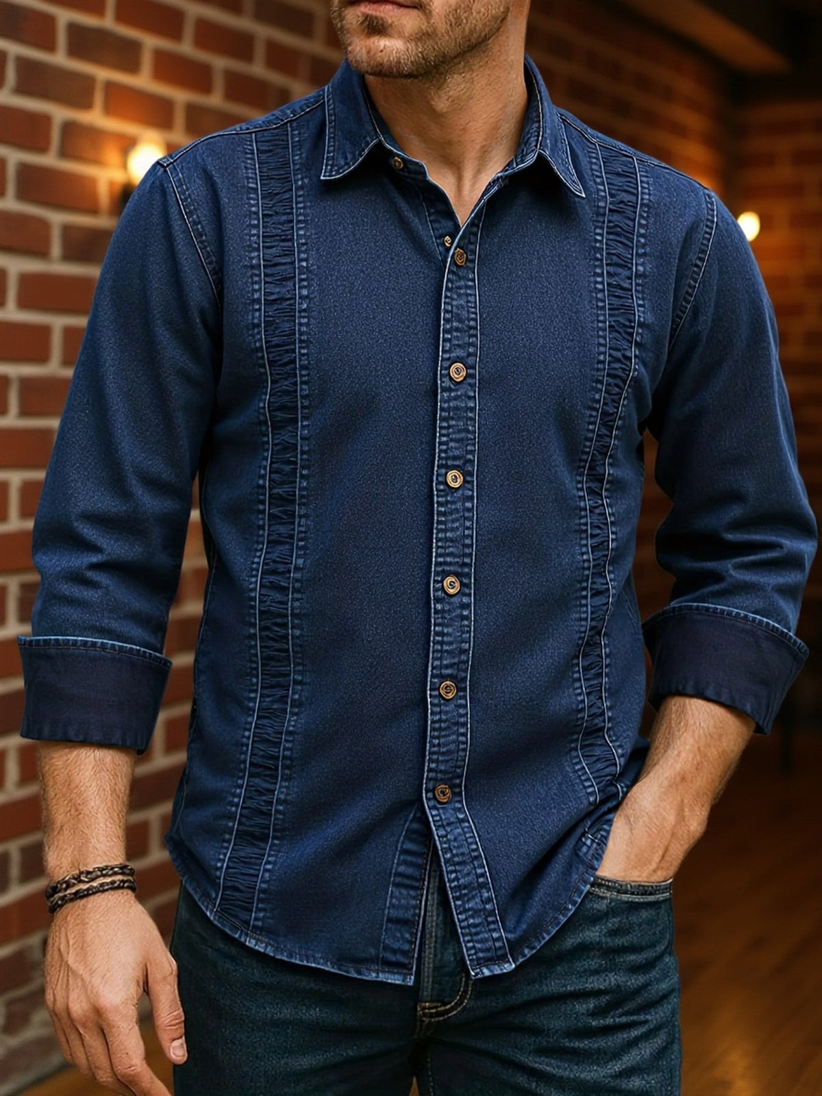 Men's long-sleeve denim shirt with spread collar and stitched panels