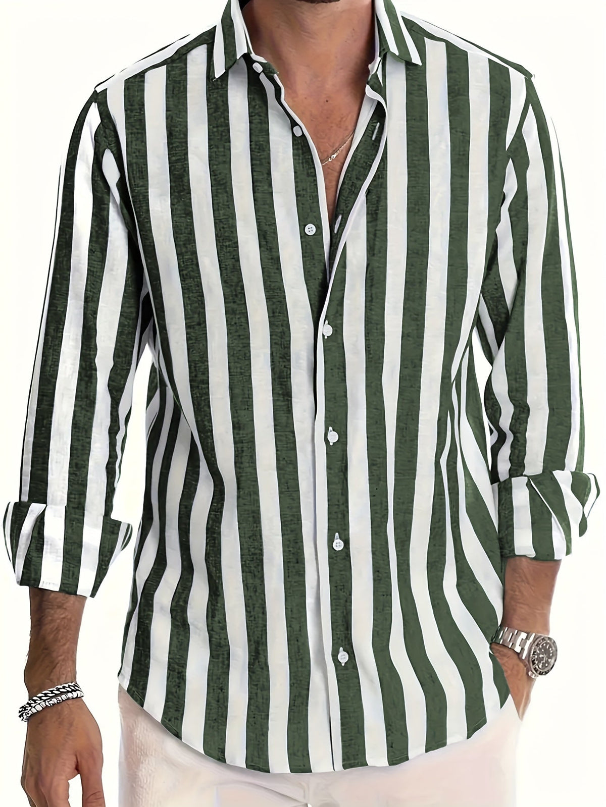 Men's striped collared shirt with long sleeves and button front