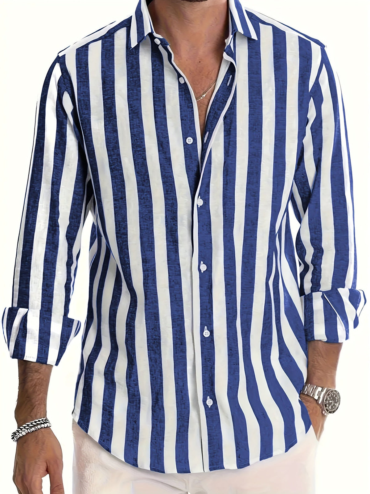 Men's striped collared shirt with long sleeves and button front
