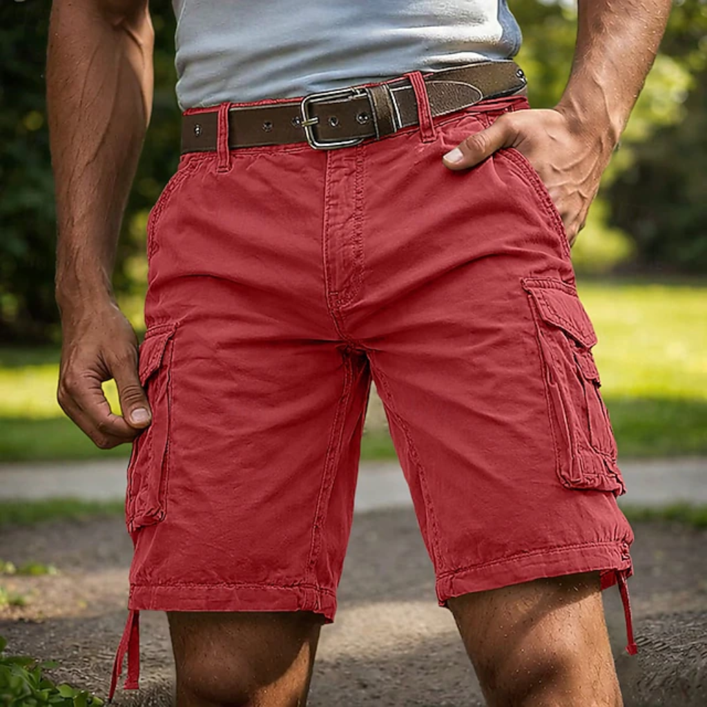 Men's knee-length cargo shorts with side utility pockets