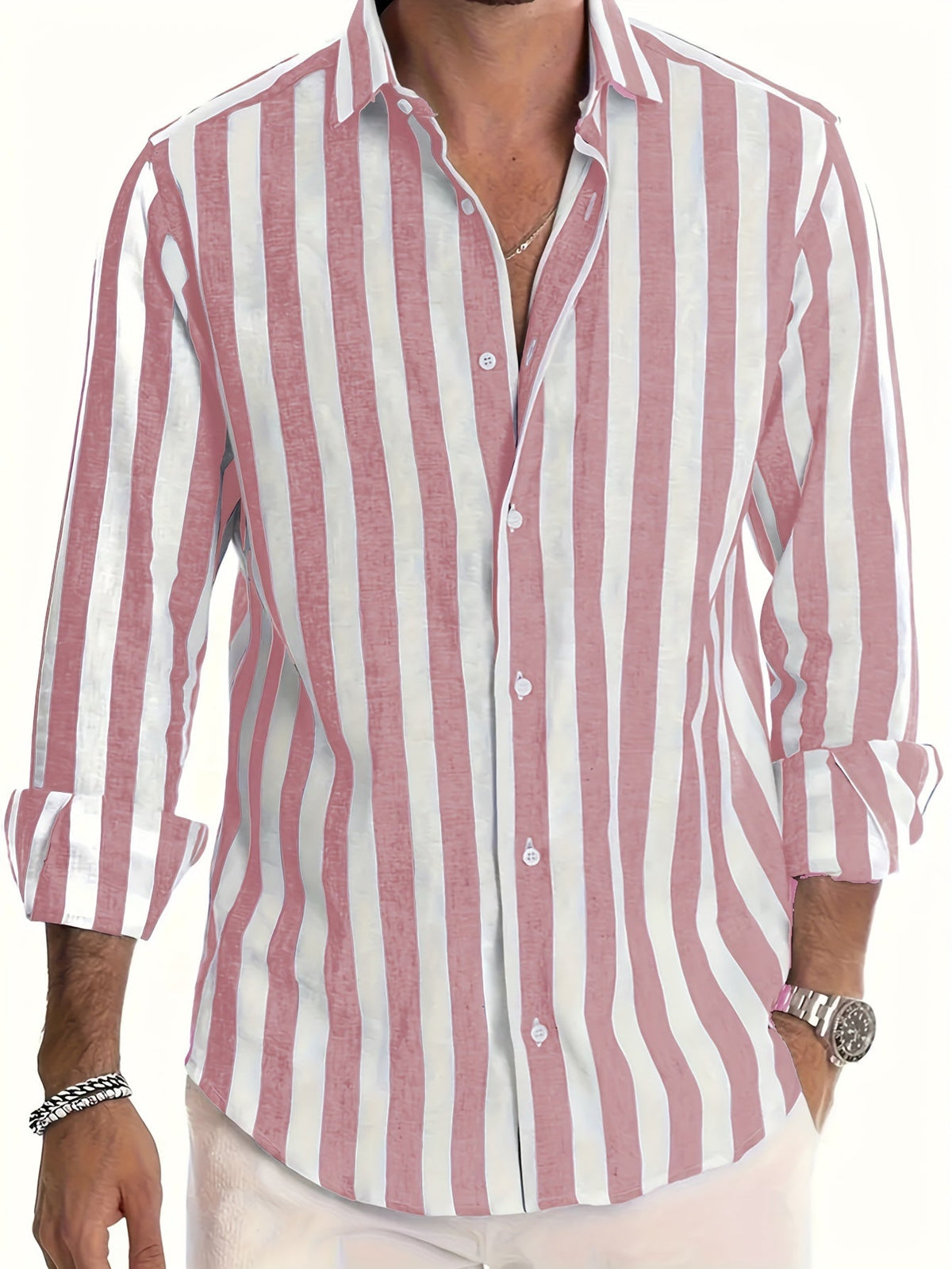 Men's striped collared shirt with long sleeves and button front