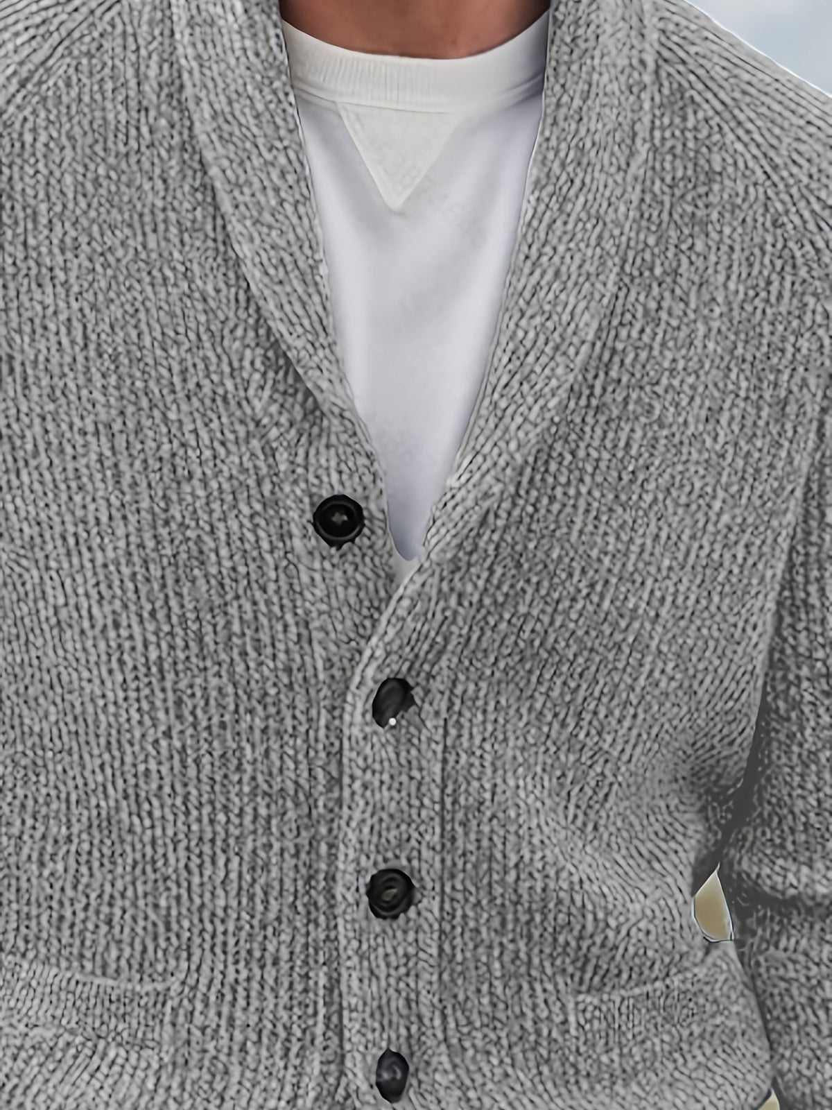 Men's textured knit cardigan with shawl collar and patch pockets