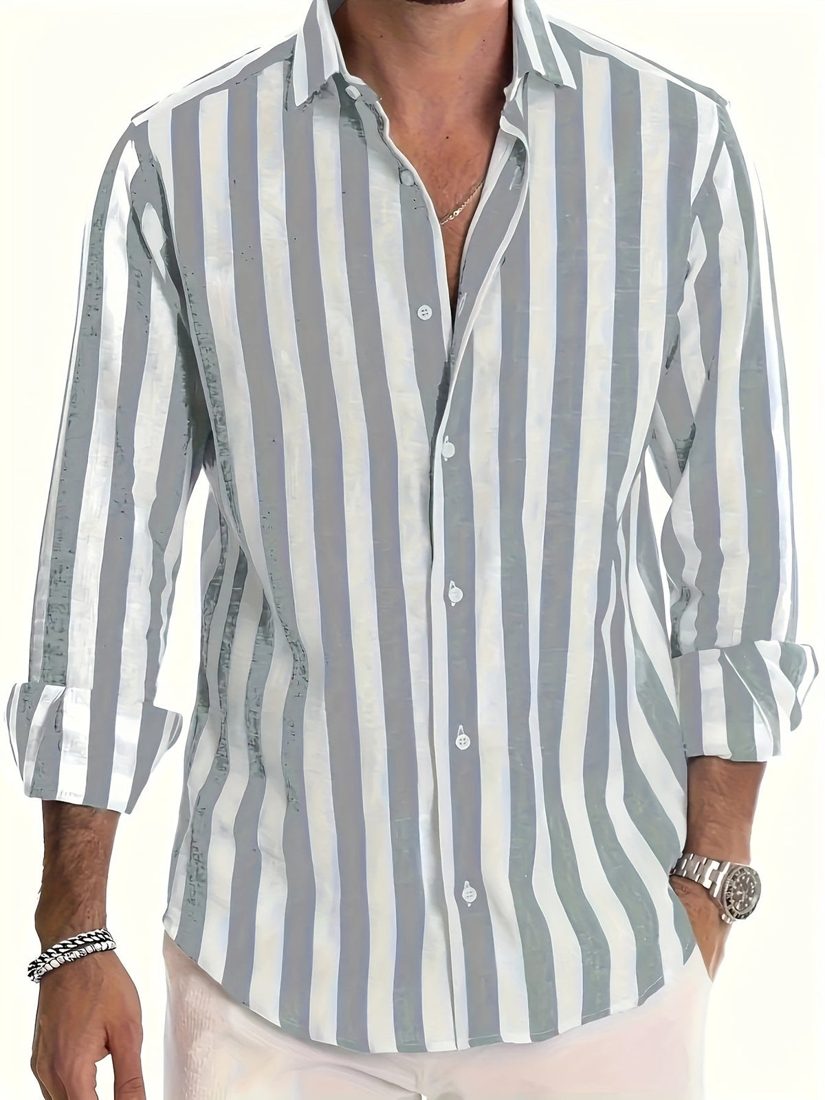 Men's striped collared shirt with long sleeves and button front