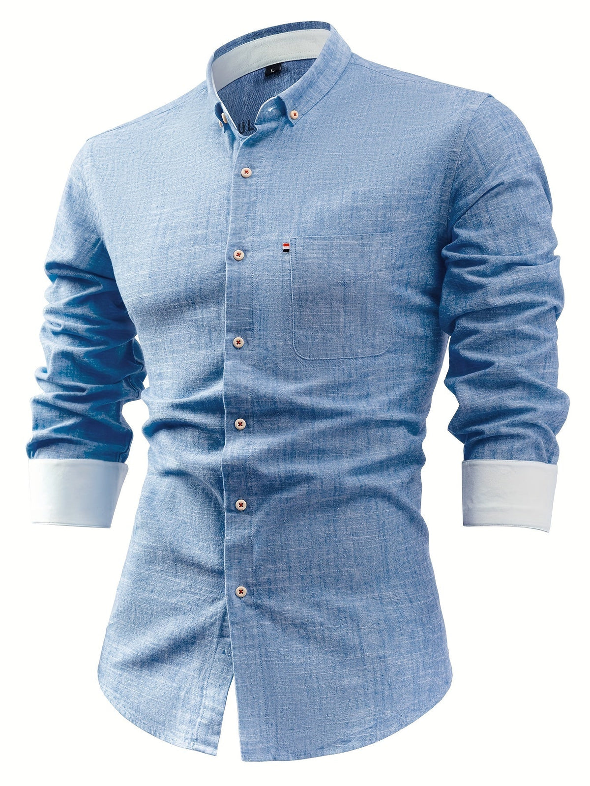 Men's long-sleeve pocket shirt with button-down collar and curved hem