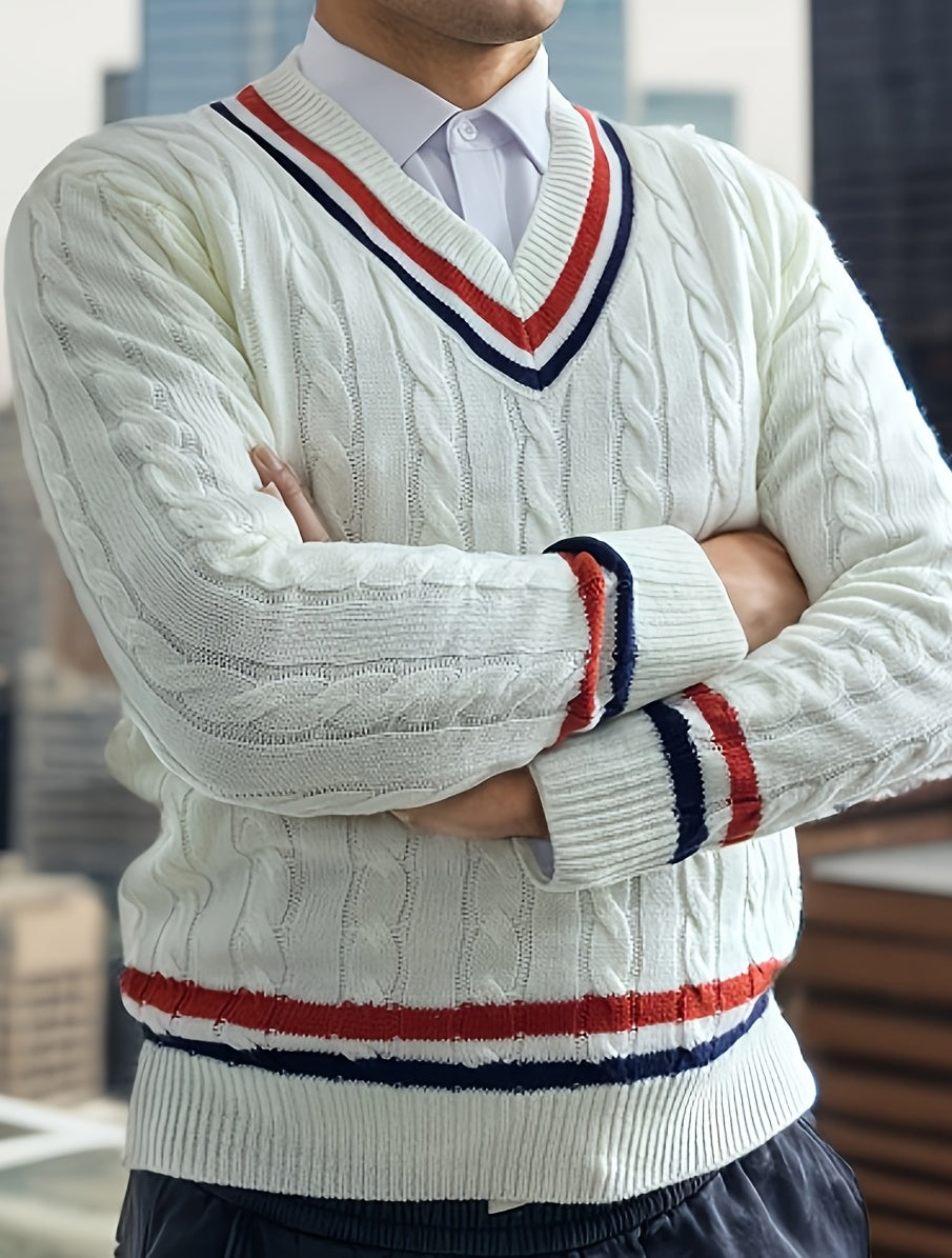 Men's cable knit V-neck sweater with striped trim