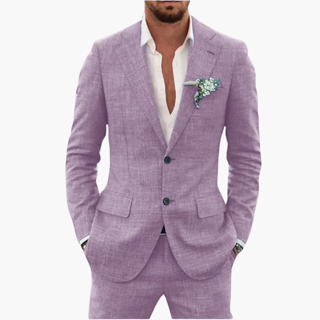 Men's two piece suit with button blazer and matching trousers