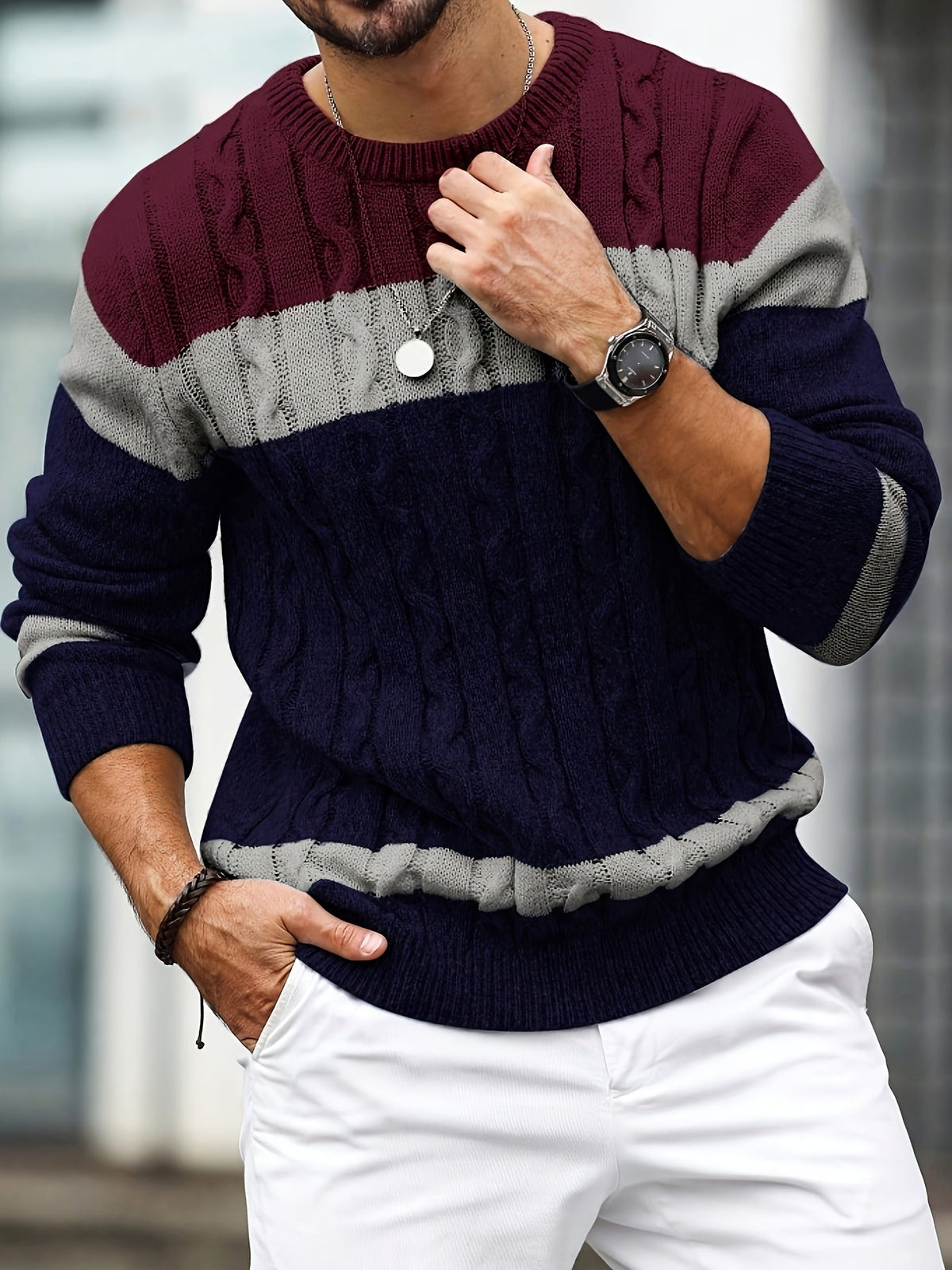 Men's colour block cable knit sweater with crew neck and long sleeves