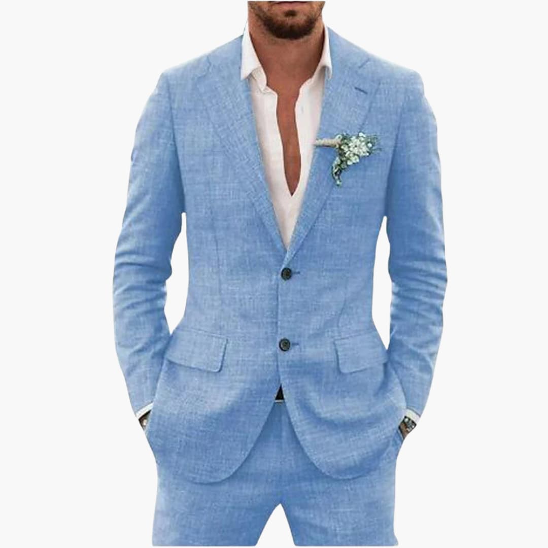 Men's two piece suit with button blazer and matching trousers