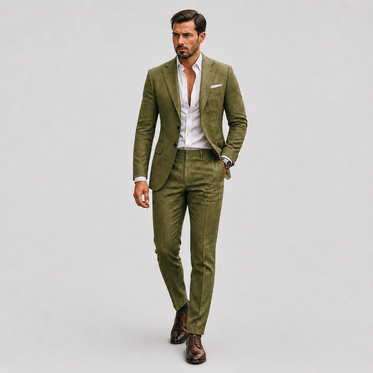 Men's slim fit textured two piece suit with blazer and trousers