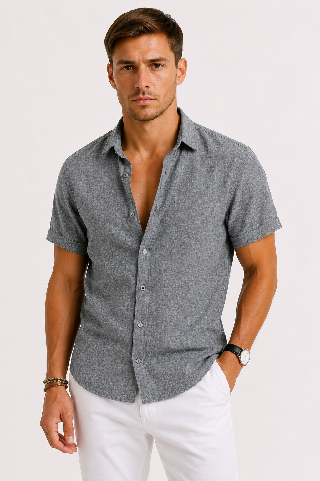 Men's textured short sleeve button-front shirt with collared neckline
