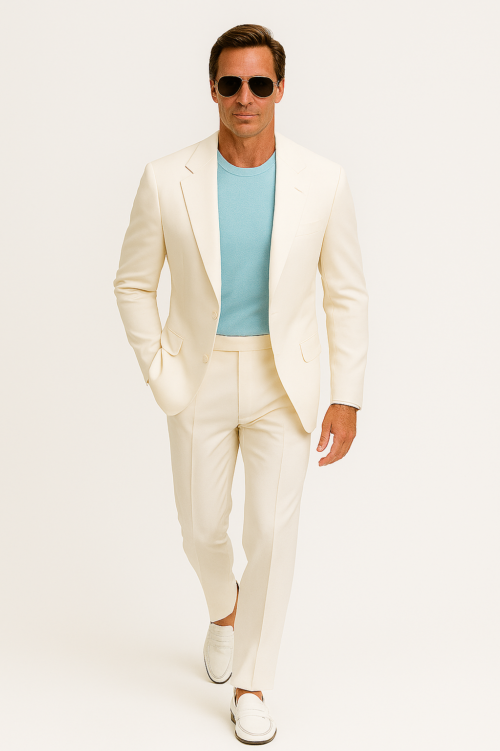 Men's white two-piece suit with notched lapel blazer and trousers