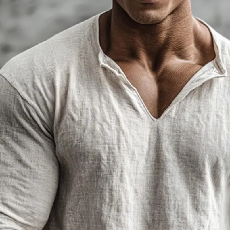 Men's white long sleeve textured V-neck shirt