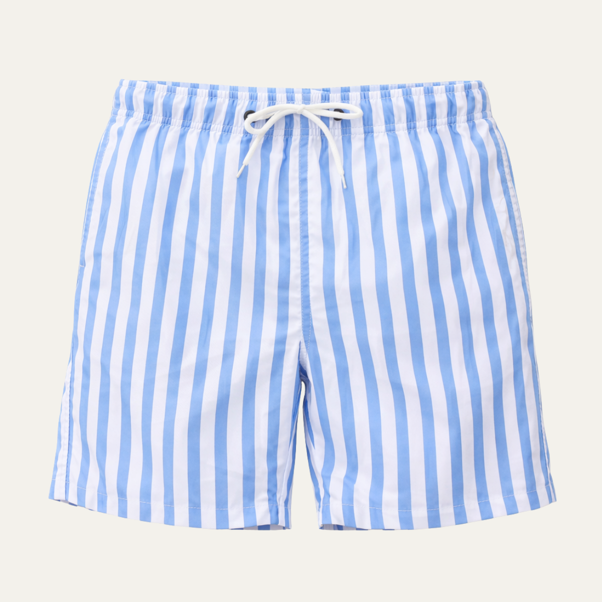 Men's blue and white striped swim shorts with drawstring waist