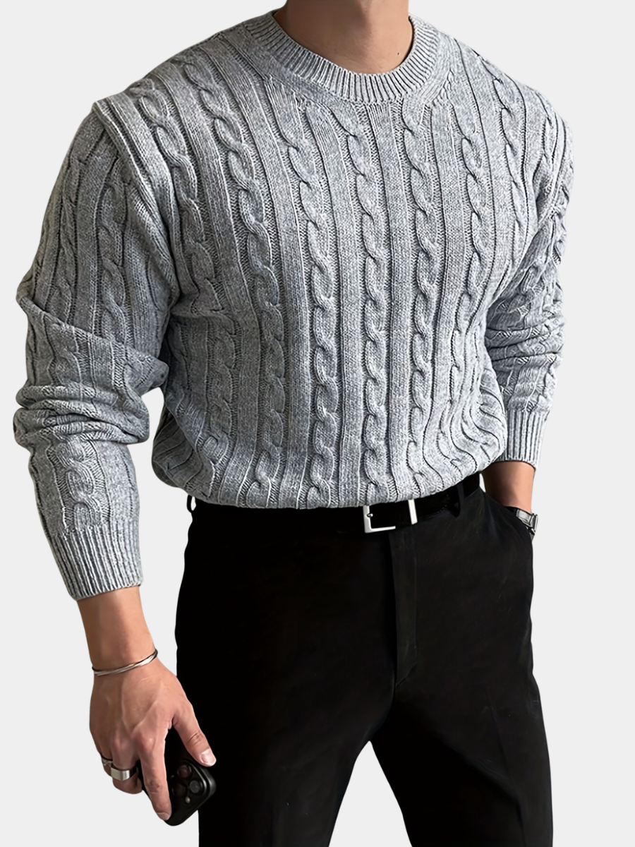 Men's cable knit crew neck sweater with ribbed trim