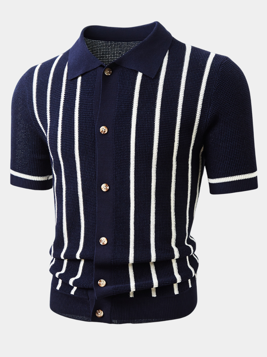 Men's striped knit polo shirt with pointed collar and short sleeves