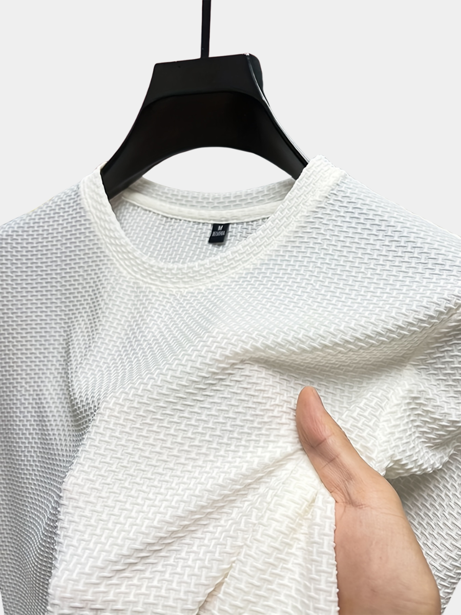 Men's textured knit crew neck T-shirt on a hanger