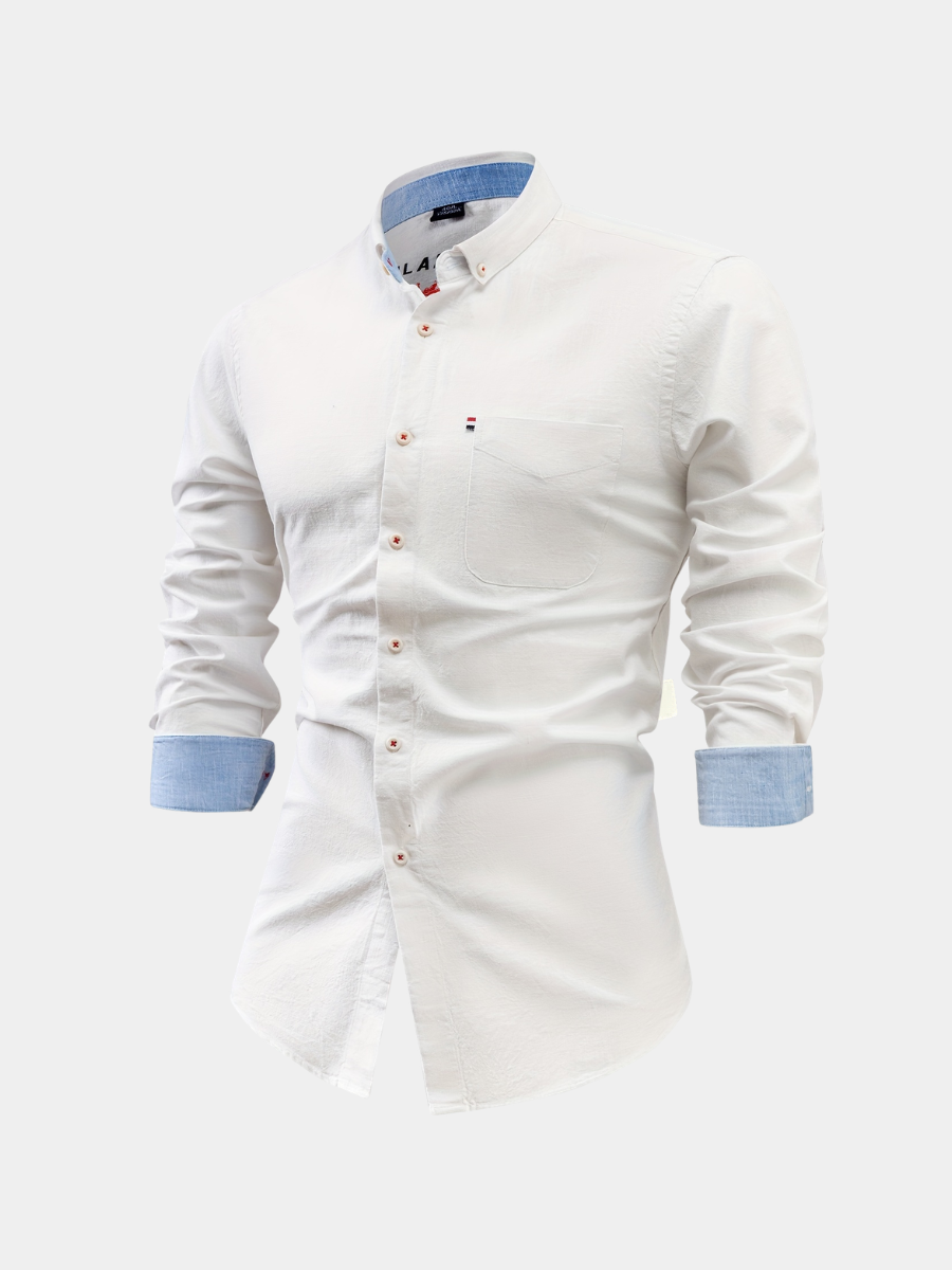 Men's long-sleeve pocket shirt with button-down collar and curved hem