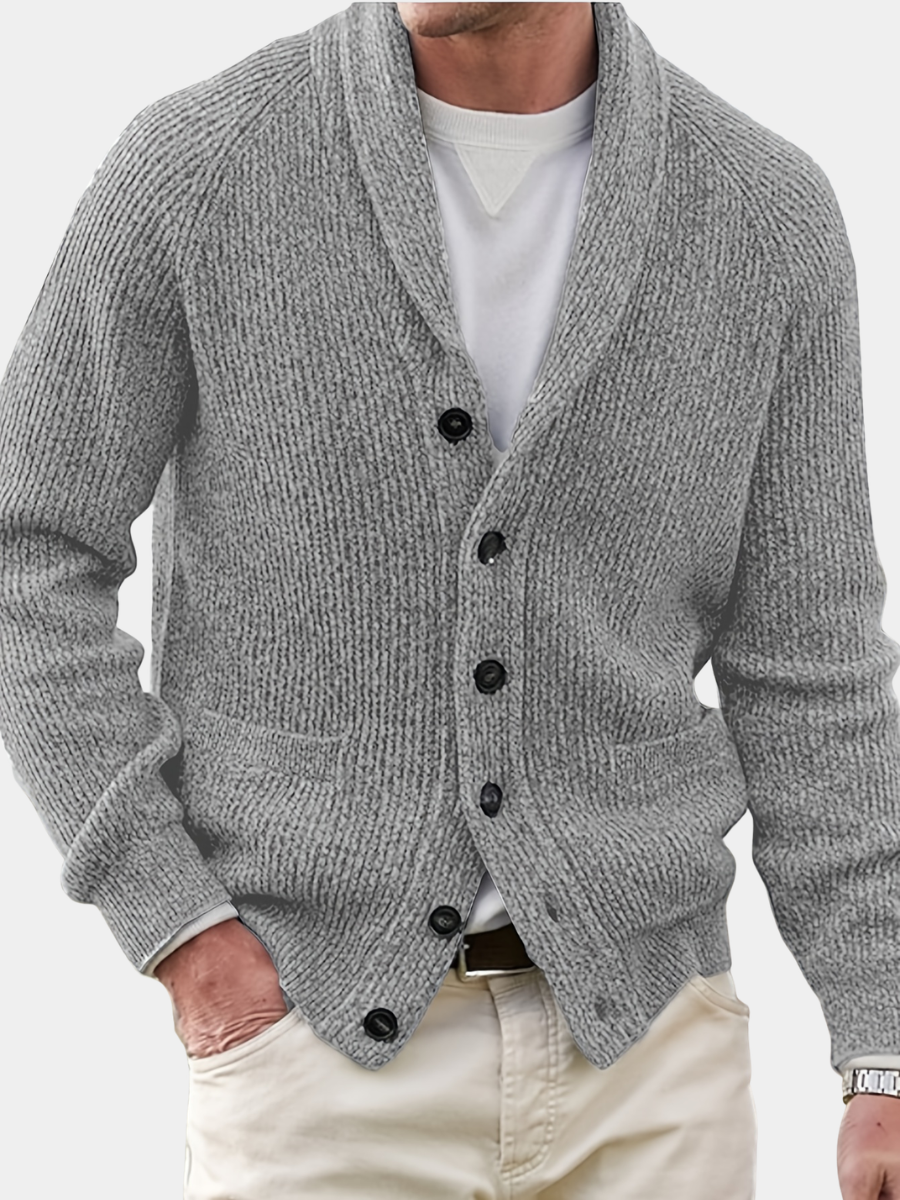 Men's textured knit cardigan with shawl collar and patch pockets