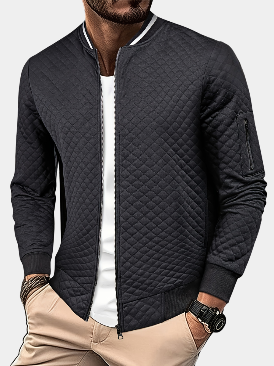 Men's diamond quilted bomber jacket with zip front and sleeve pocket