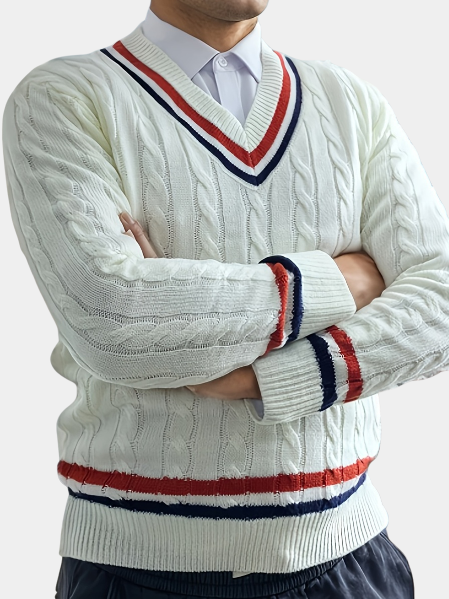 Men's cable knit V-neck sweater with striped trim