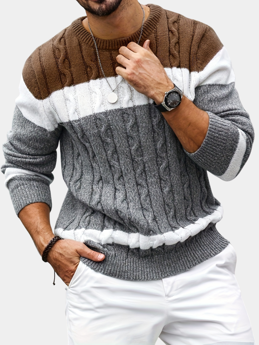 Men's colour block cable knit sweater with crew neck and long sleeves