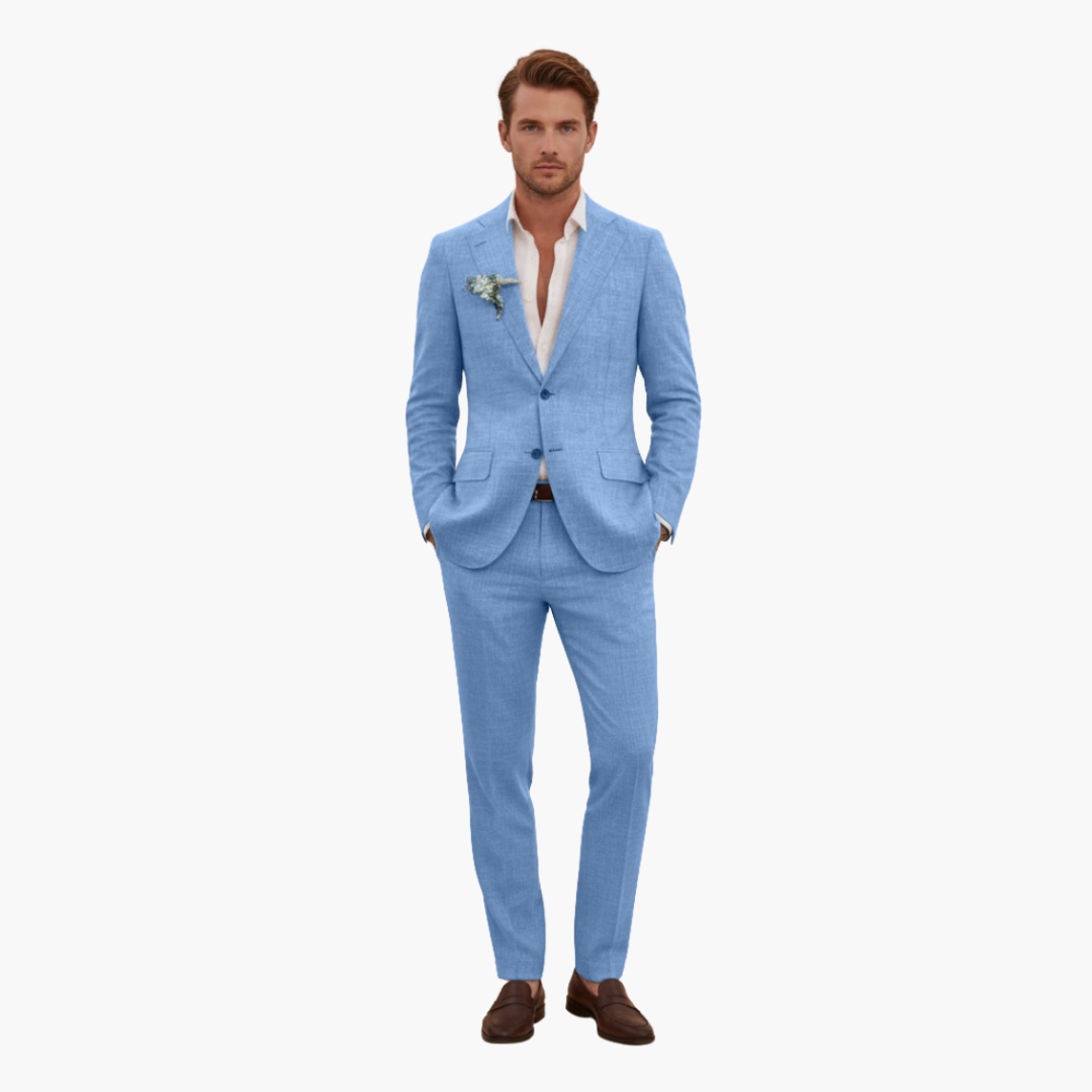 Men's two piece suit with button blazer and matching trousers