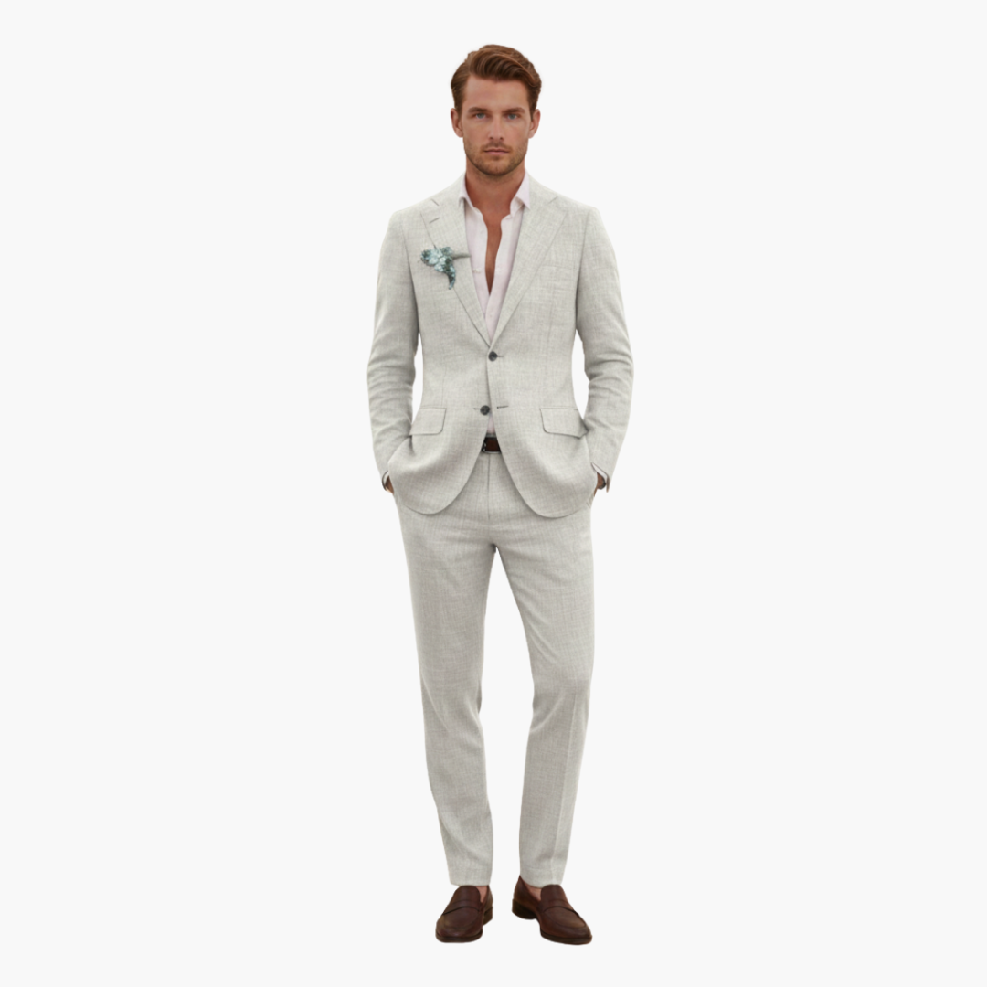 Men's two piece suit with button blazer and matching trousers