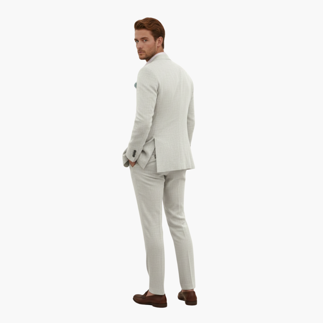 Men's two piece suit with button blazer and matching trousers