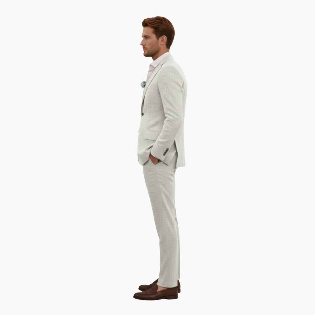Men's two piece suit with button blazer and matching trousers