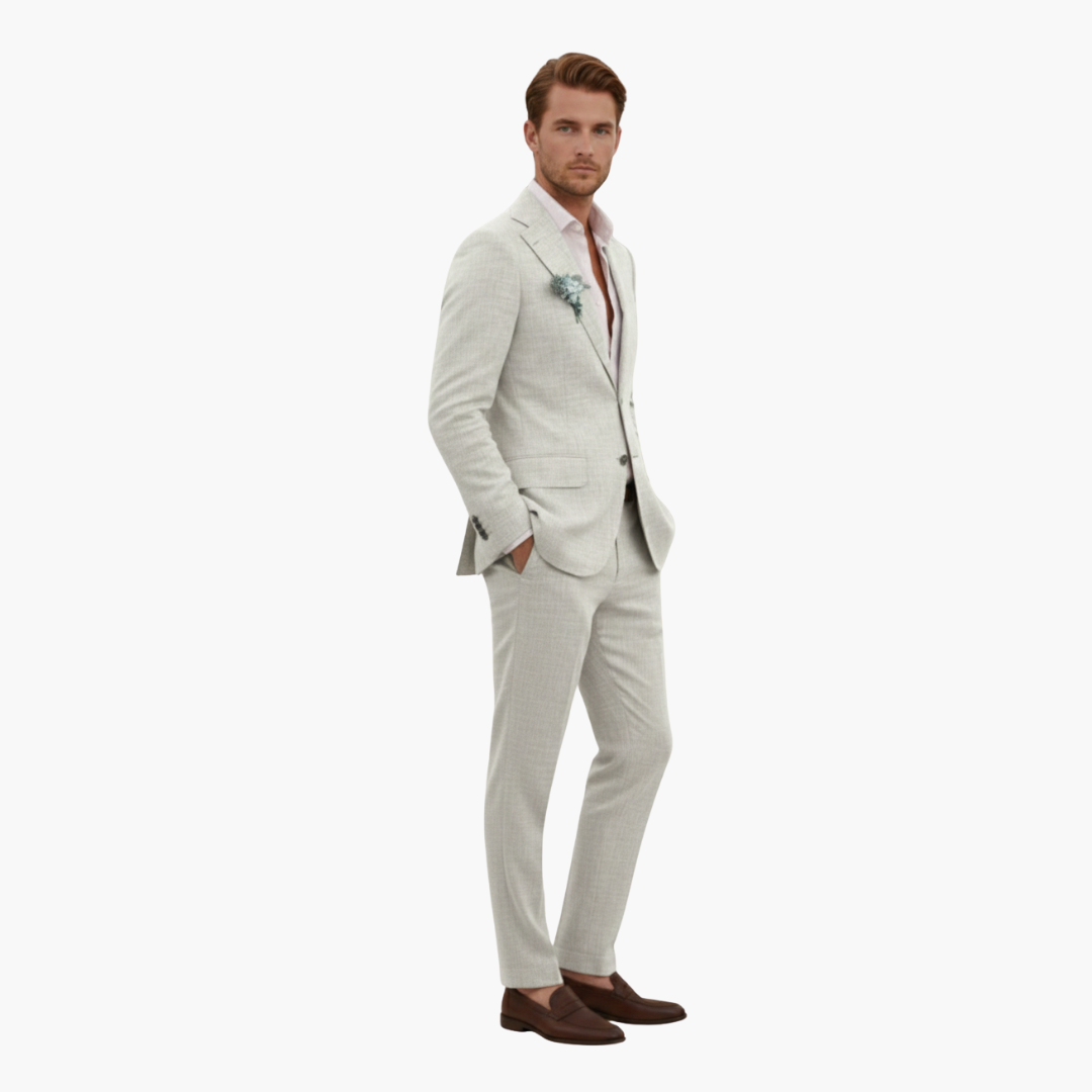 Men's two piece suit with button blazer and matching trousers