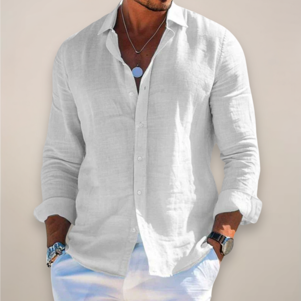 Men's long-sleeve button-front shirt with turn-down collar