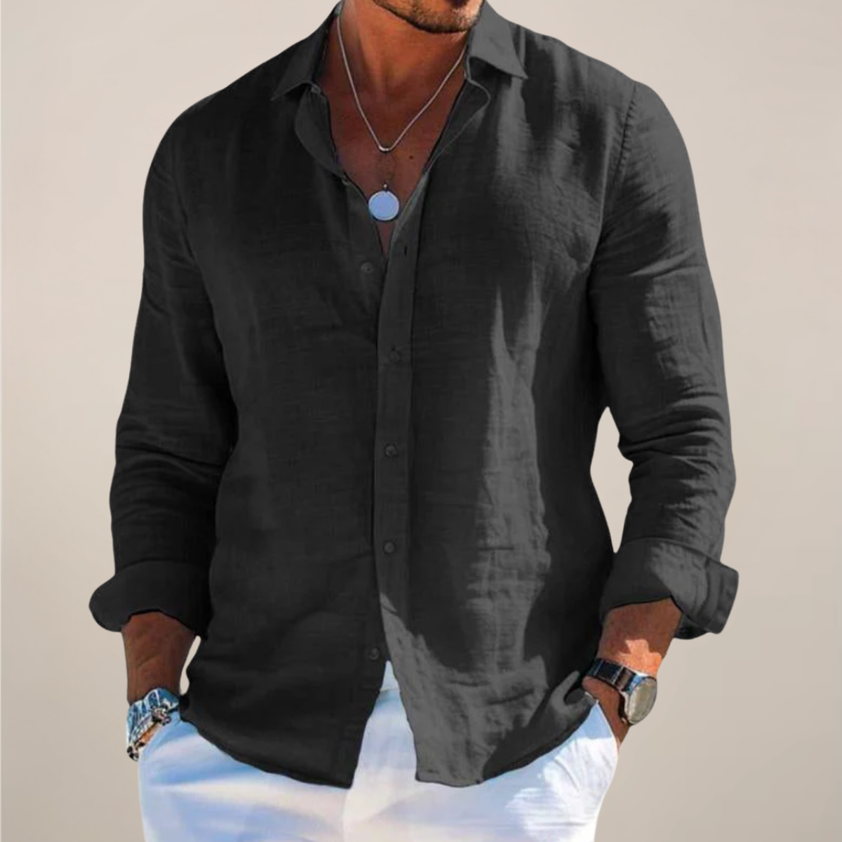 Men's long-sleeve button-front shirt with turn-down collar